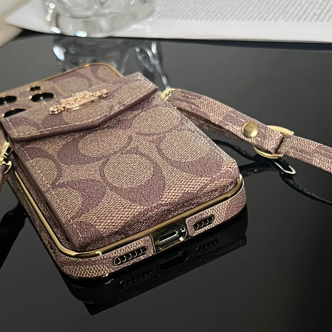 Coach Luxury Logo Accordion Card Holder Leather Crossbody Apple iPhone Case