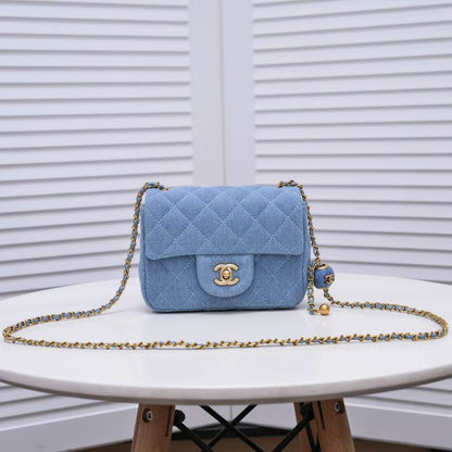 Chanel Mini Square Pearl Crush Quilted Denim with Aged Gold Hardware