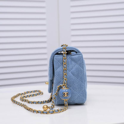 Chanel Mini Square Pearl Crush Quilted Denim with Aged Gold Hardware