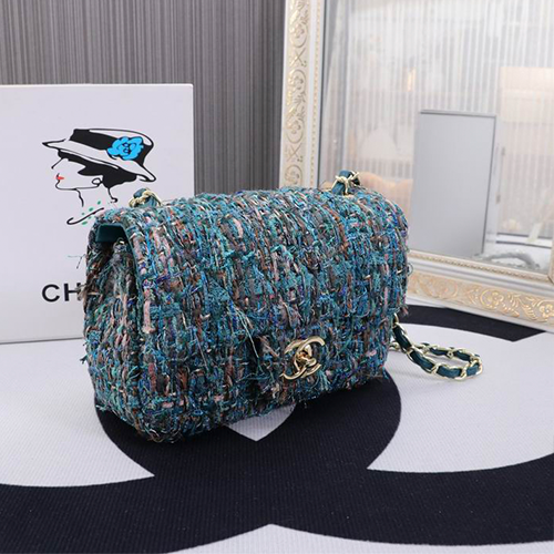 Chanel Tweed Flap Bag with Large Pearl Handle and Gold Hardware 20cm