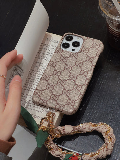 LUXURY CANVAS APPLE IPHONE CASE DETACHABLE SILK SCARF WRISTBAND