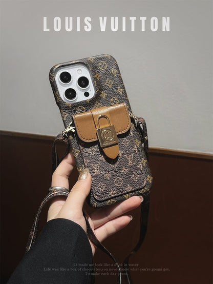 Crossbody Card Holder Monogram Canvas Lock Button iPhone Case