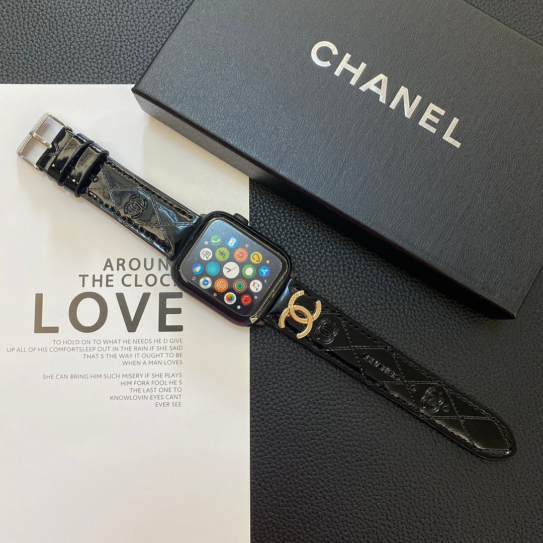 Glossy Leather Apple Watch Strap Luxury Metal Logo