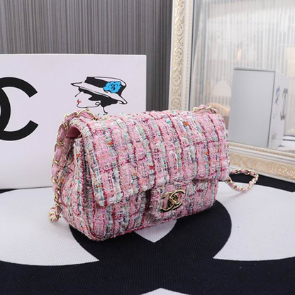 Chanel Tweed Flap Bag with Large Pearl Handle and Gold Hardware 20cm