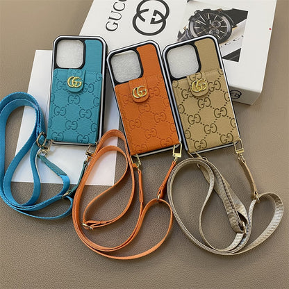 Button Leather Card Holder Leather Cord iPhone Case