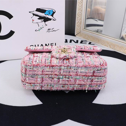 Chanel Tweed Flap Bag with Large Pearl Handle and Gold Hardware 20cm