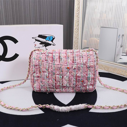 Chanel Tweed Flap Bag with Large Pearl Handle and Gold Hardware 20cm