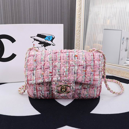 Chanel Tweed Flap Bag with Large Pearl Handle and Gold Hardware 20cm