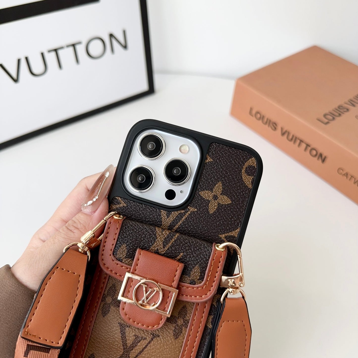 Luxury DAUPHINE LEATHER MONOGRAM CROSSBODY IPHONE CASE