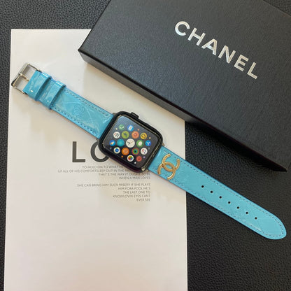 Glossy Leather Apple Watch Strap Luxury Metal Logo