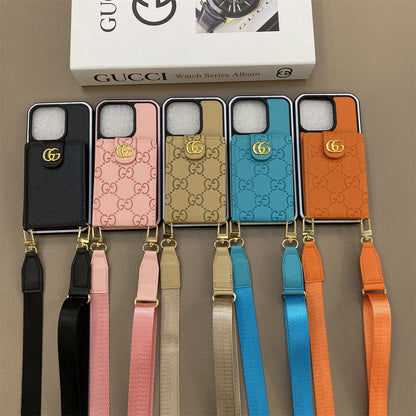 Button Leather Card Holder Leather Cord iPhone Case